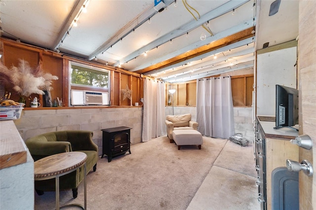 sitting room with a wood stove and cooling unit