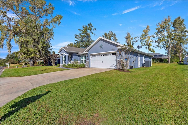 ranch-style house featuring a garage and a front yard