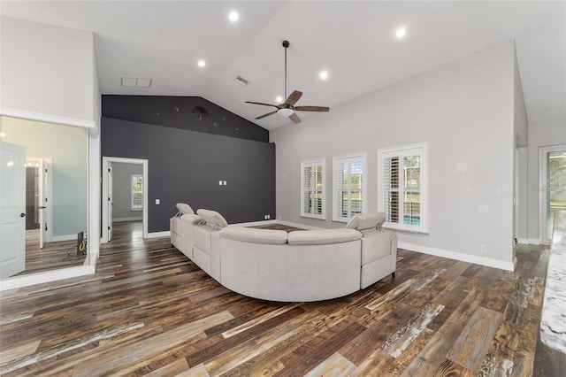 living room featuring high vaulted ceiling, dark hardwood / wood-style flooring, and ceiling fan