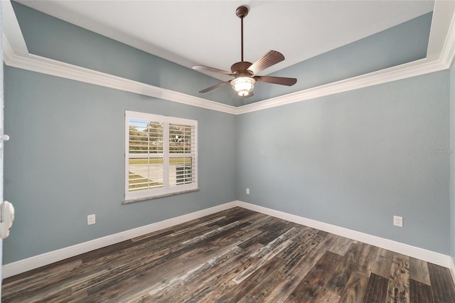 unfurnished room with ceiling fan, dark hardwood / wood-style floors, and crown molding