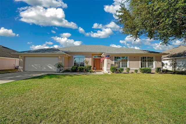 ranch-style home with a front yard and a garage