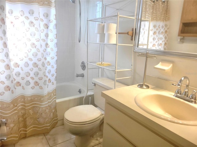 full bathroom with shower / bath combo, tile patterned flooring, vanity, and toilet