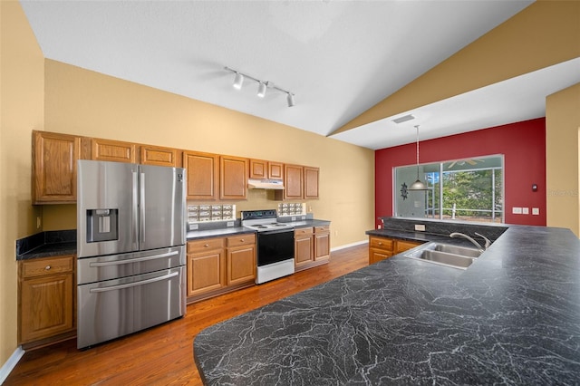 kitchen with under cabinet range hood, electric range, a sink, vaulted ceiling, and stainless steel fridge with ice dispenser