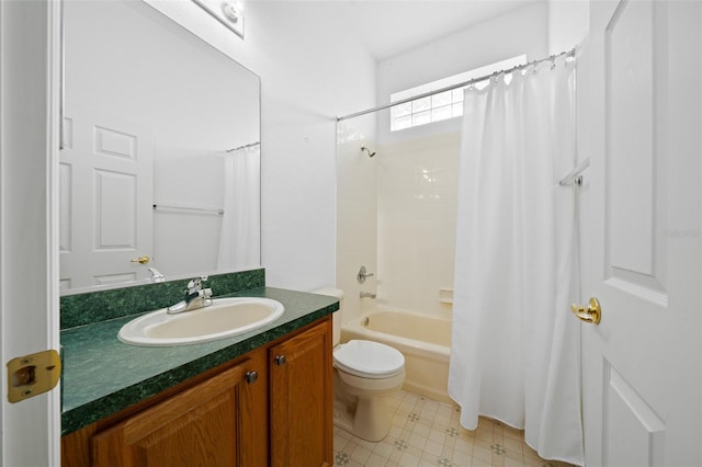 full bath with tile patterned floors, vanity, toilet, and shower / bathtub combination with curtain