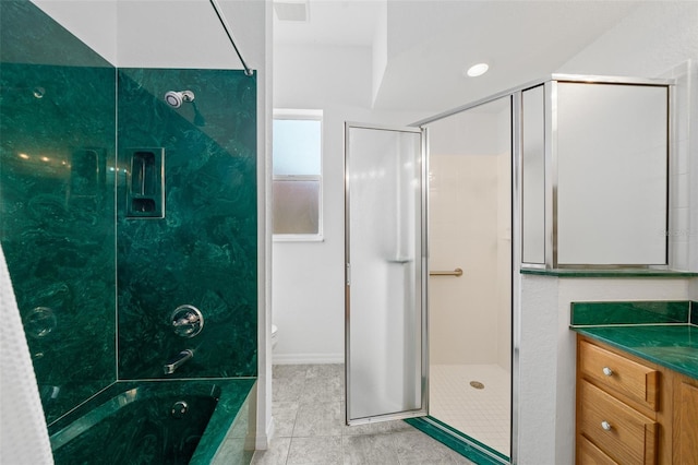 full bath featuring tile patterned flooring, toilet, visible vents, vanity, and washtub / shower combination