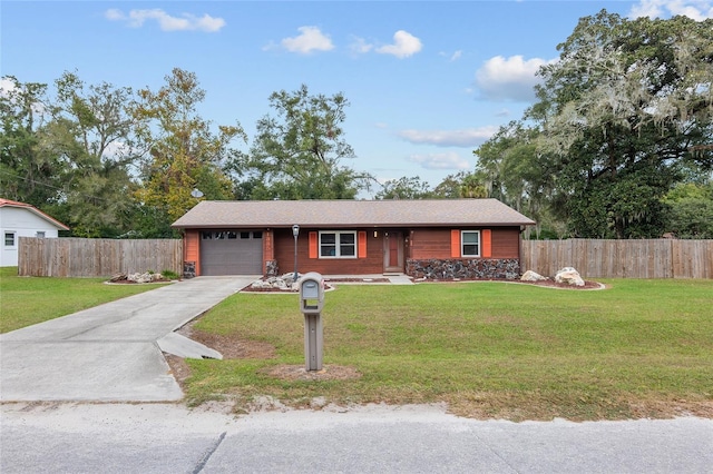 ranch-style house with a front lawn and a garage