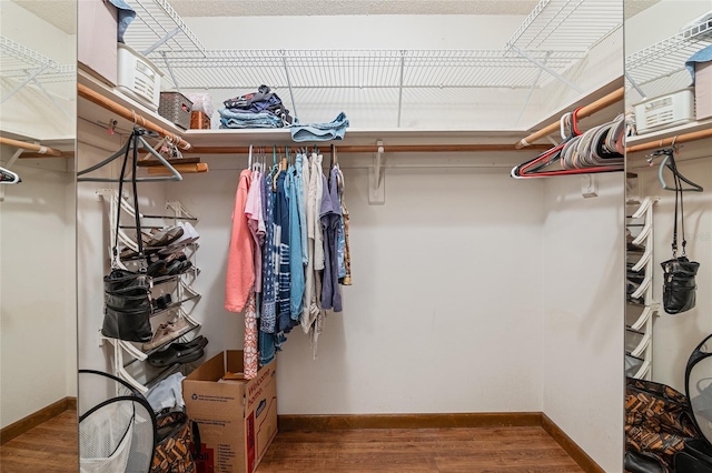 walk in closet with hardwood / wood-style floors