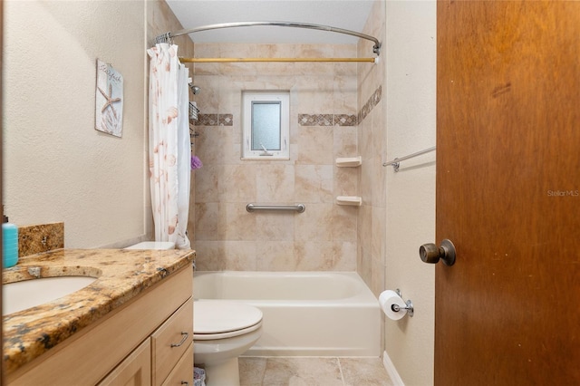 full bathroom with toilet, vanity, and shower / bath combination with curtain