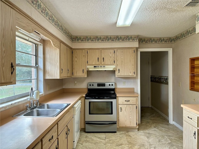 kitchen with stainless steel electric stove, sink, a textured ceiling, and white dishwasher