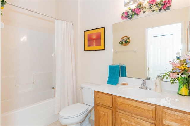 full bathroom featuring toilet, shower / bath combo, vanity, and tile patterned flooring