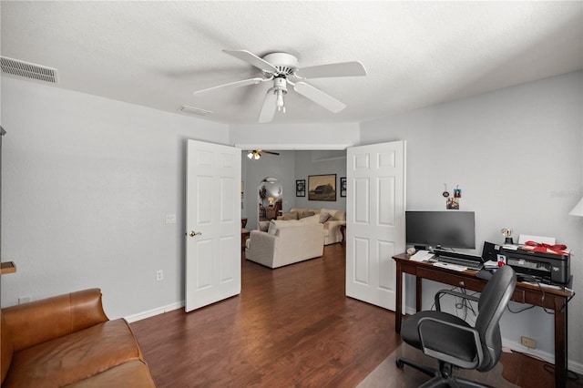 office featuring a textured ceiling, dark hardwood / wood-style flooring, and ceiling fan