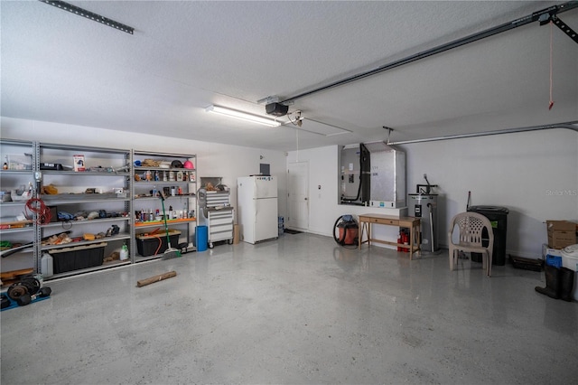 garage with electric water heater, a garage door opener, heating unit, and white refrigerator