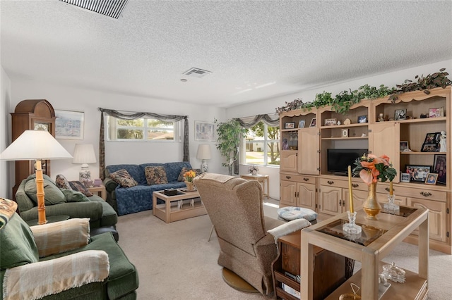 living room featuring a textured ceiling, light colored carpet, and a wealth of natural light