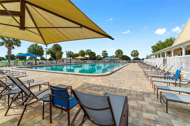 view of swimming pool featuring a patio area