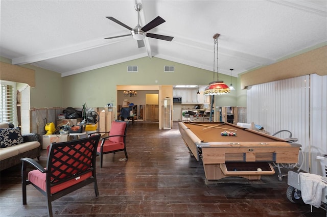 recreation room with lofted ceiling with beams, hardwood / wood-style flooring, ceiling fan, and billiards