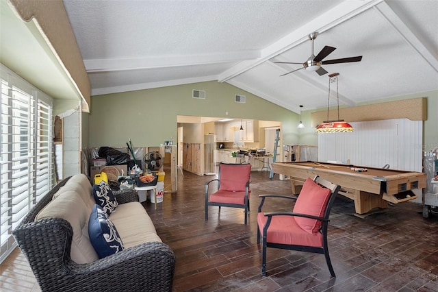 rec room featuring ceiling fan, lofted ceiling with beams, dark hardwood / wood-style floors, billiards, and a textured ceiling