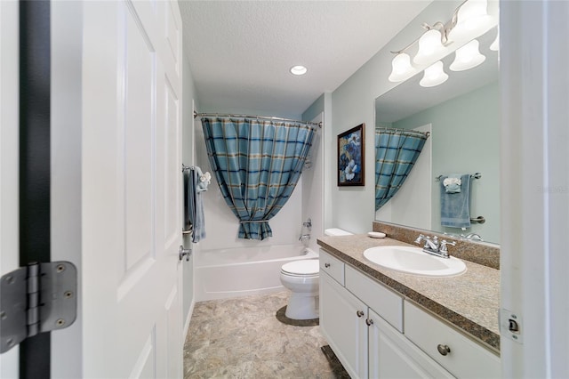 full bathroom featuring vanity, toilet, a textured ceiling, and shower / tub combo with curtain