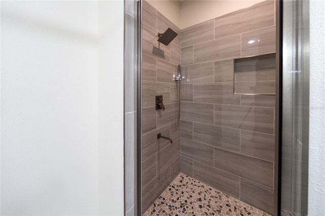 bathroom with a shower with shower door