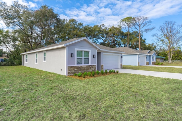 ranch-style house with a front yard and a garage