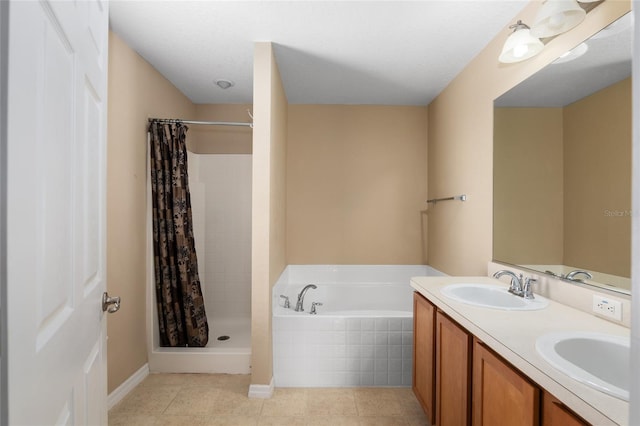 3107 NE 24th Pl, Ocala, FL 34470 - full bath featuring a bath, a tile shower, double vanity, and tile patterned flooring