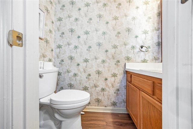 bathroom featuring vanity, toilet, and wood-type flooring