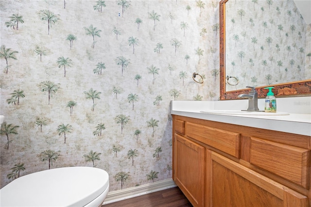 bathroom with toilet, vanity, and hardwood / wood-style flooring