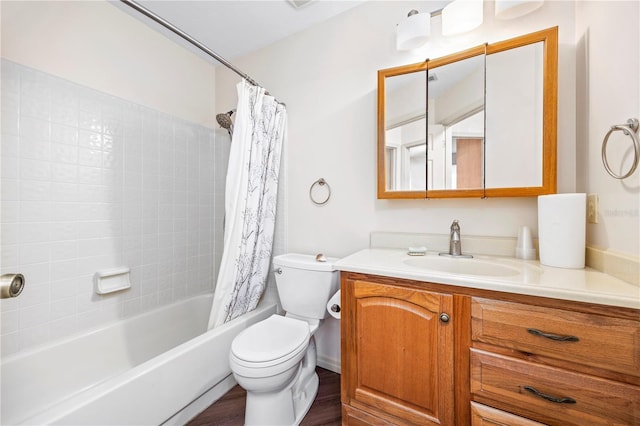 full bathroom featuring toilet, vanity, shower / bath combination with curtain, and hardwood / wood-style flooring