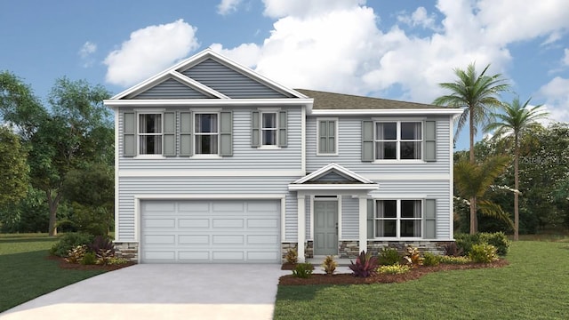 5290 SW 51st Rd, Gainesville, FL 32608 - view of front of house with driveway, a garage, a front lawn, and stone siding