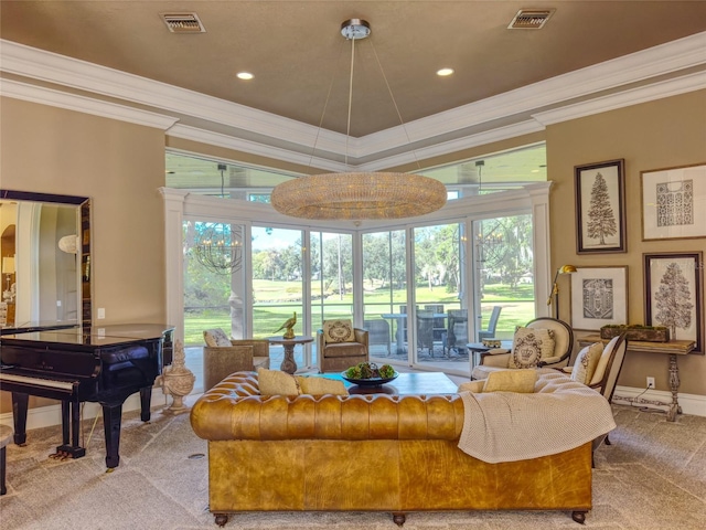 living room featuring light colored carpet and ornamental molding