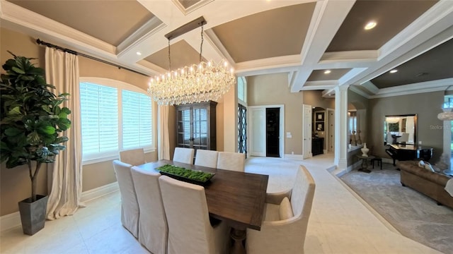 dining space featuring an inviting chandelier, coffered ceiling, ornamental molding, light tile patterned floors, and beamed ceiling