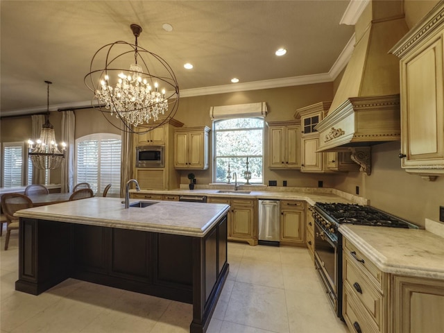 kitchen with a kitchen island with sink, ornamental molding, premium range hood, and appliances with stainless steel finishes