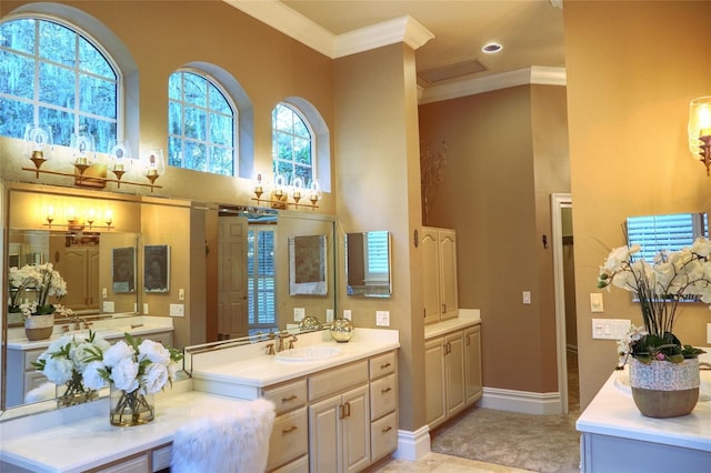 bathroom with crown molding and vanity