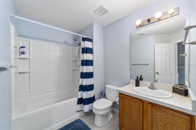 full bathroom featuring shower / bathtub combination with curtain, tile patterned flooring, vanity, and toilet