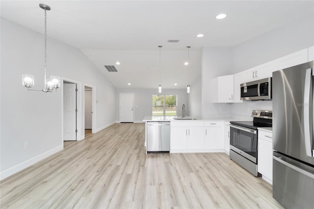 kitchen featuring white cabinetry, sink, stainless steel appliances, kitchen peninsula, and vaulted ceiling