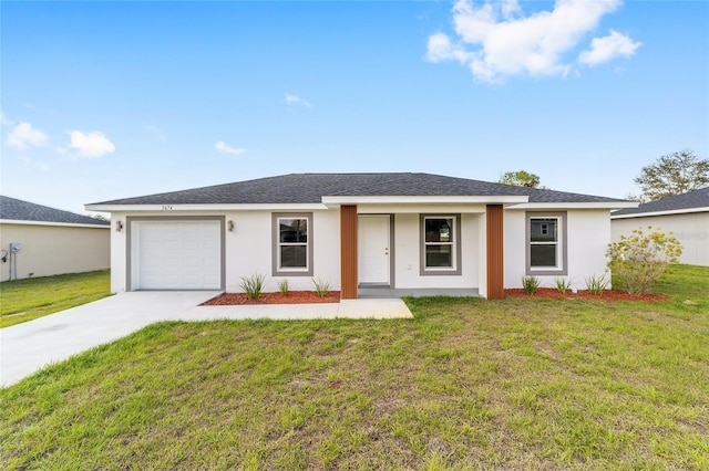 single story home with an attached garage, driveway, a front yard, and stucco siding