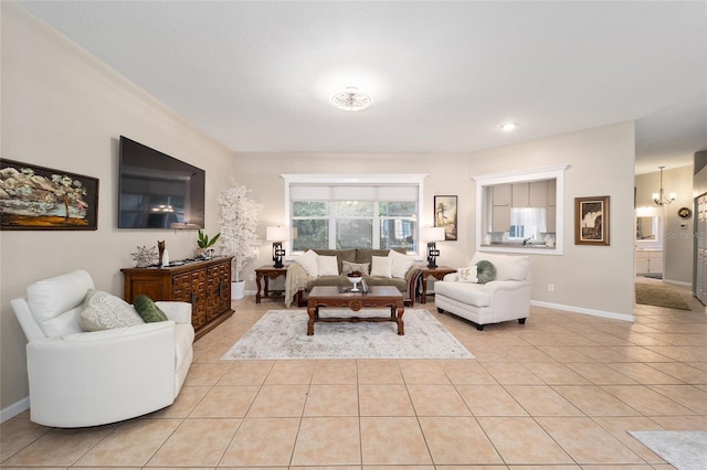 living room featuring light tile patterned floors