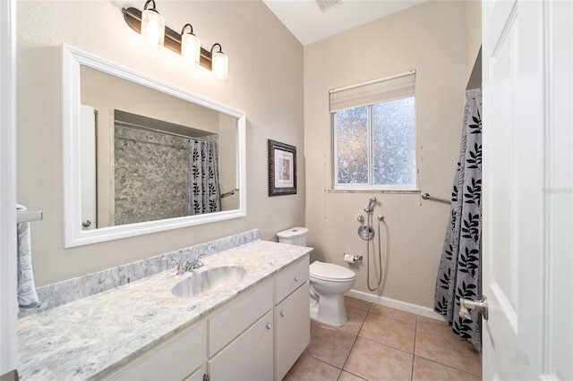 bathroom featuring tile patterned floors, vanity, toilet, and a shower with shower curtain