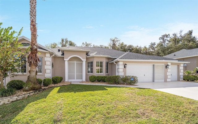 view of front of home featuring a front yard and a garage