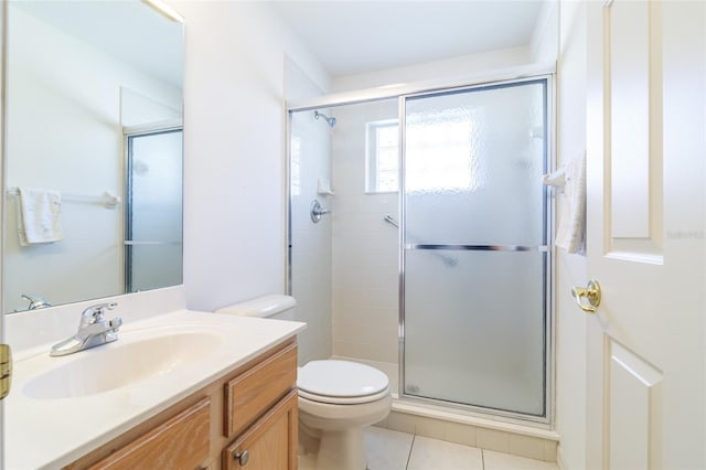 bathroom with tile patterned floors, vanity, toilet, and an enclosed shower