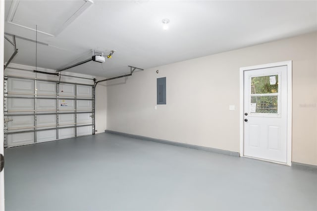 garage with electric panel and a garage door opener