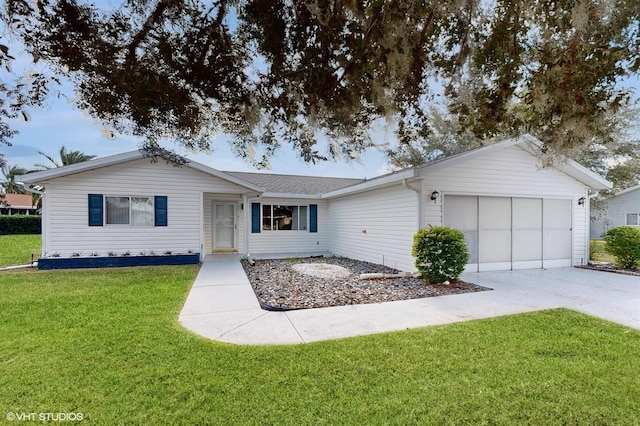 single story home featuring a front yard and a garage