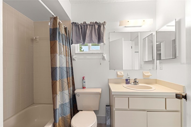 full bathroom featuring vanity, toilet, and shower / tub combo with curtain