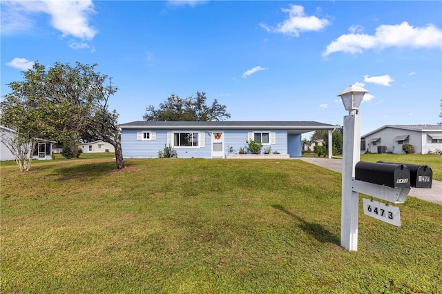 single story home with a front lawn and a carport