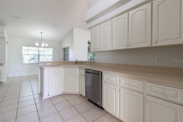 kitchen featuring kitchen peninsula, stainless steel dishwasher, light tile patterned floors, decorative light fixtures, and white cabinetry