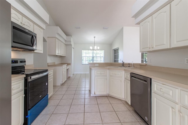 kitchen featuring kitchen peninsula, hanging light fixtures, light tile patterned floors, white cabinetry, and stainless steel appliances