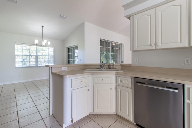 kitchen featuring sink, pendant lighting, dishwasher, white cabinetry, and light tile patterned flooring