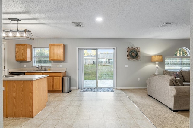 kitchen featuring plenty of natural light, hanging light fixtures, a textured ceiling, and sink