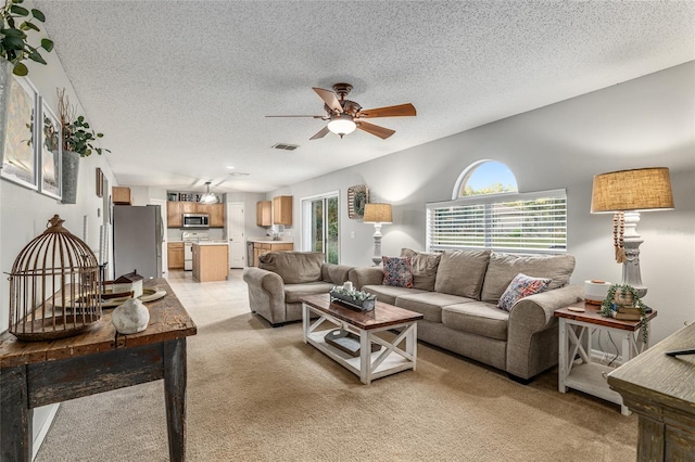 living room featuring light carpet, a textured ceiling, and a wealth of natural light