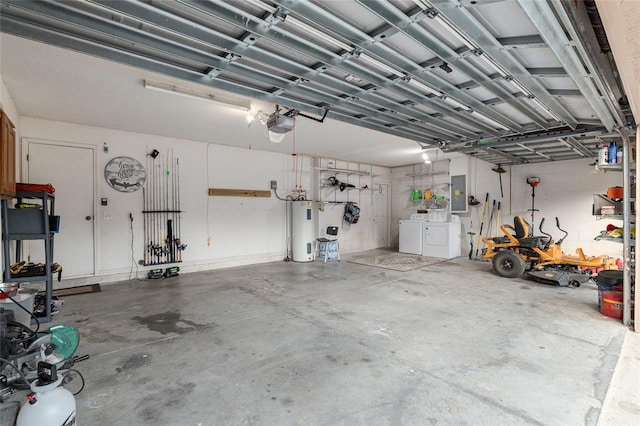 garage featuring washer and dryer, electric water heater, electric panel, and a garage door opener