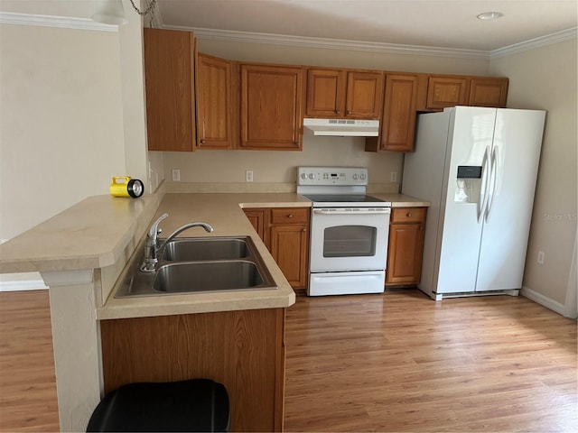 kitchen featuring light hardwood / wood-style flooring, sink, a breakfast bar, white appliances, and kitchen peninsula